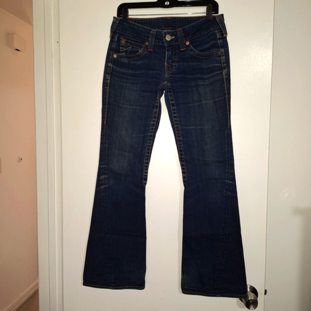 True Religion Sz 28 Dark Blue Low Rise Flare Jeans